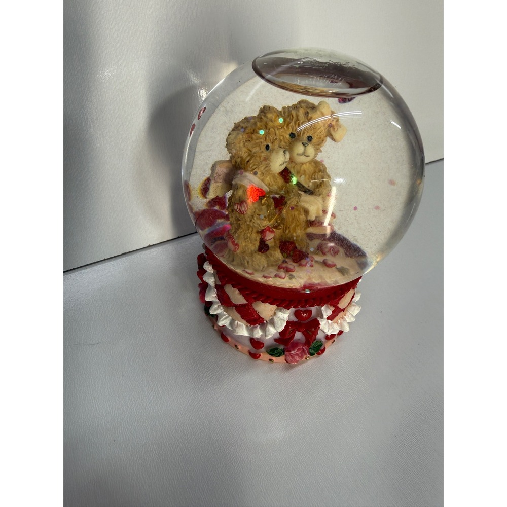 Vintage Teddy Bear Snow Globe Heart Glitter Ruffle Base 3.5in